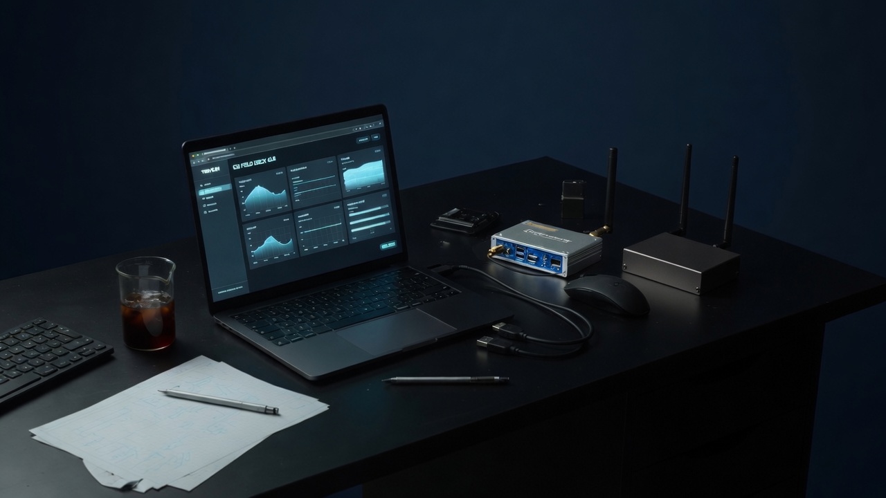Lab desk with a MacBook running Field Deck